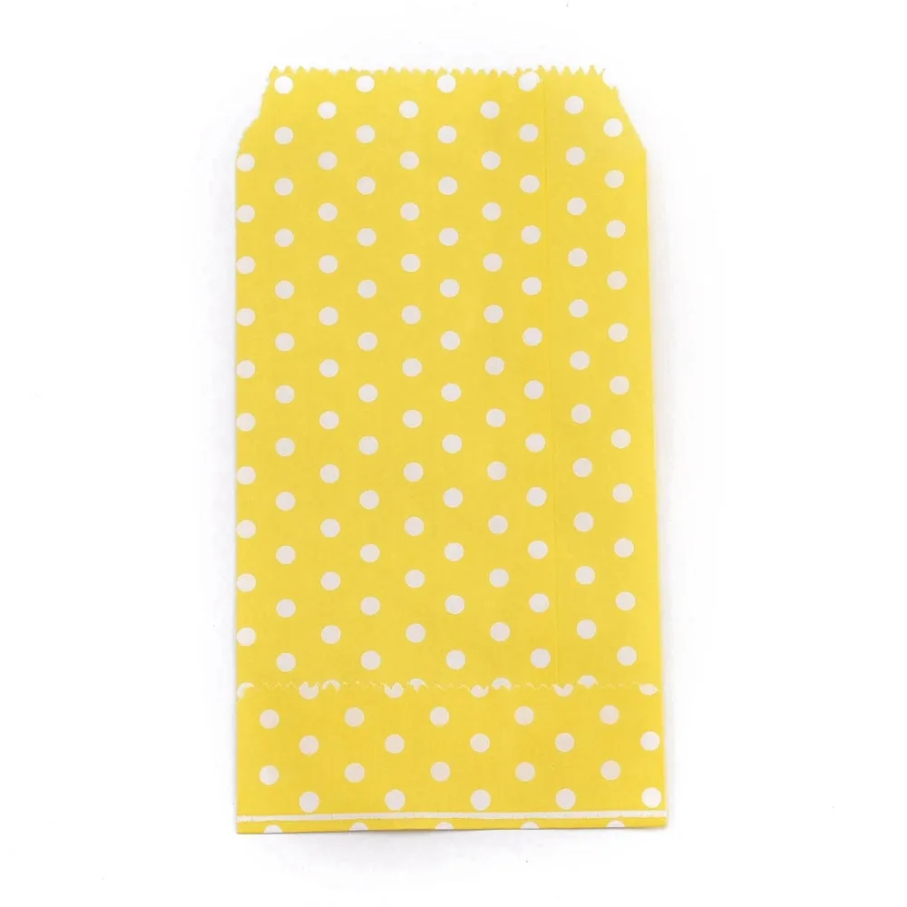 100 pc Kraft Paper Bags, No Handles, Storage Bags, White Polka Dot Pattern, Wedding Party Birthday Gift Bag, Yellow, 15x8.3x0.02cm