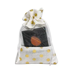 3 1/2" x 5 1/2" White with Gold Polka Dot Linen Burlap and Sheer Organza Gift Bag