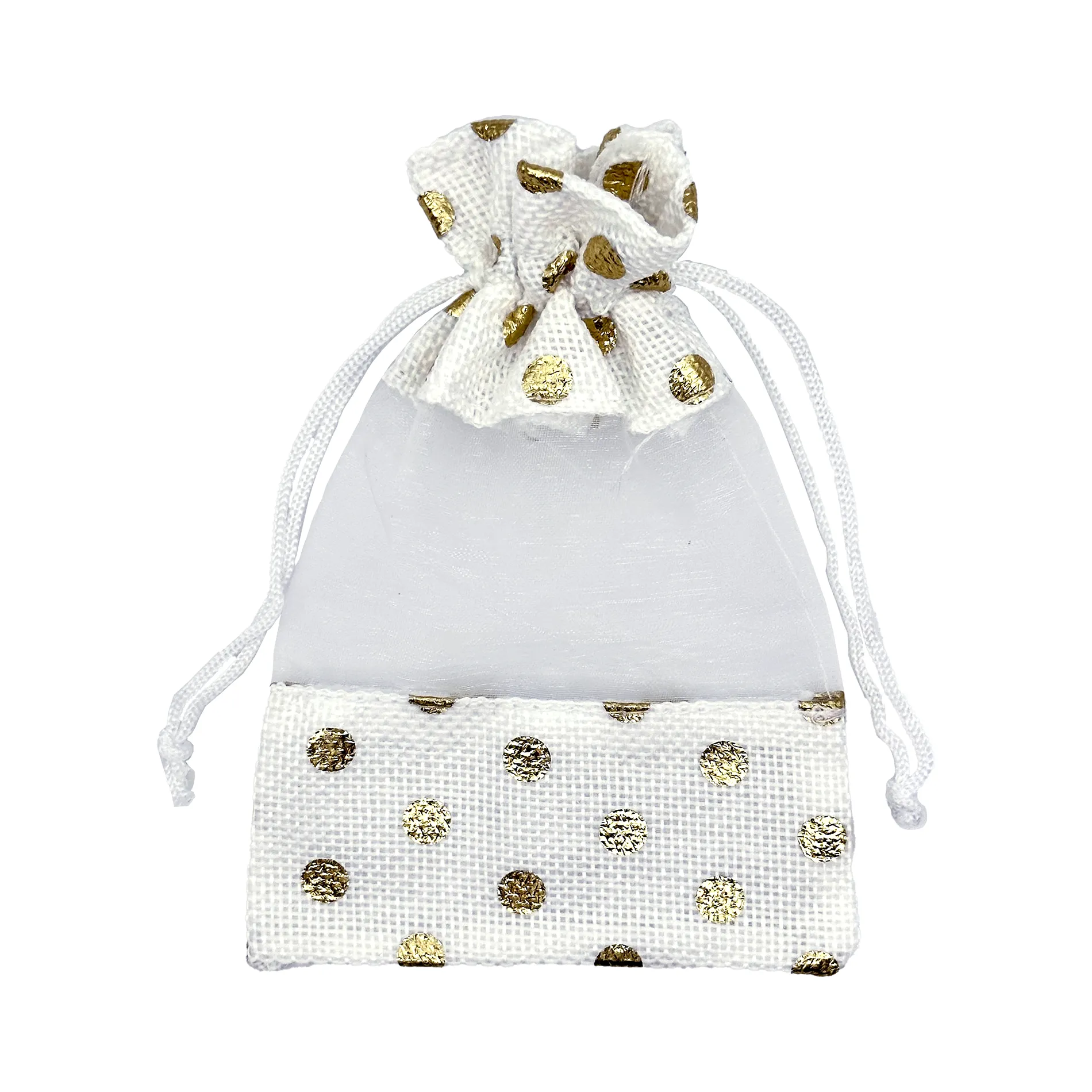 3 1/2" x 5 1/2" White with Gold Polka Dot Linen Burlap and Sheer Organza Gift Bag