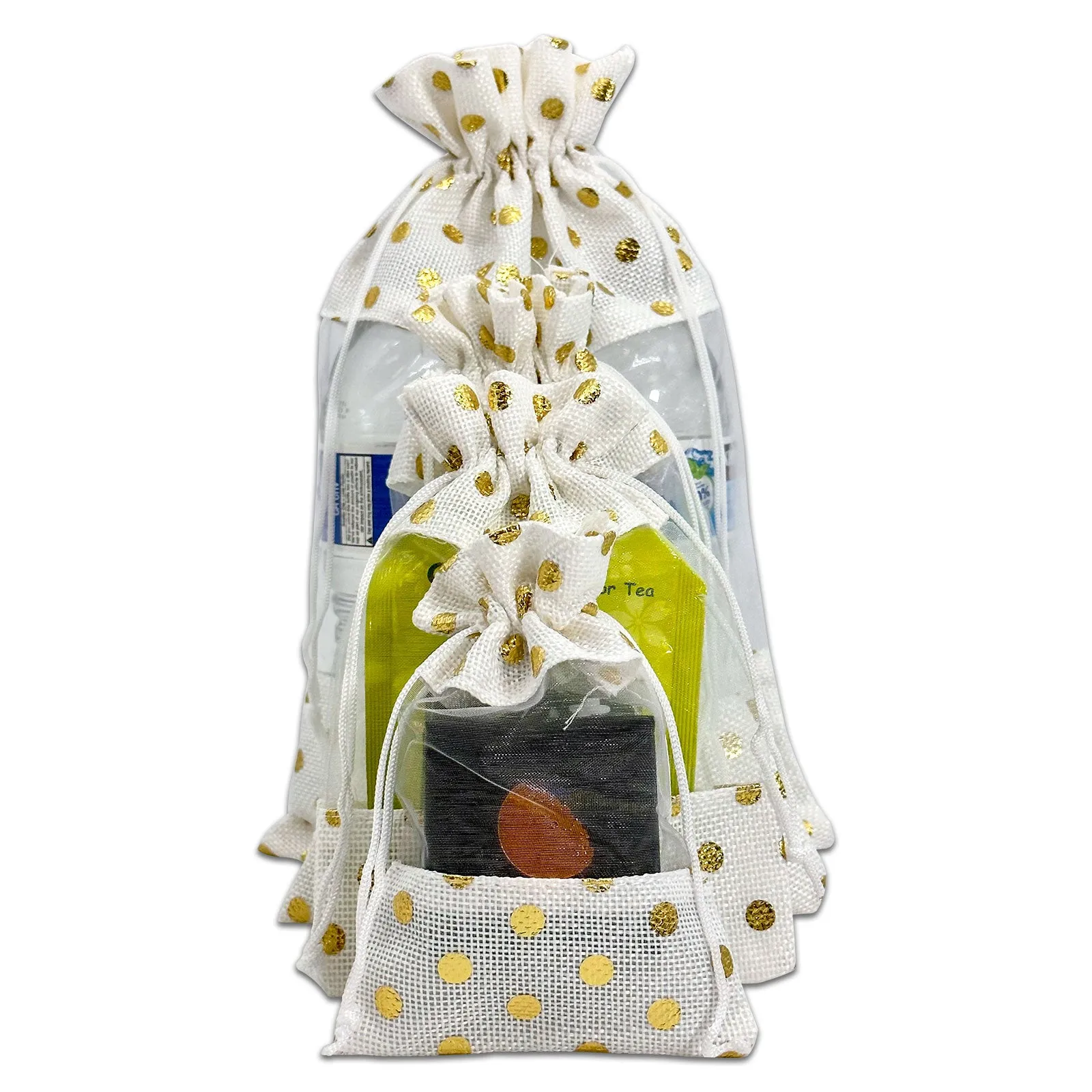 3 1/2" x 5 1/2" White with Gold Polka Dot Linen Burlap and Sheer Organza Gift Bag