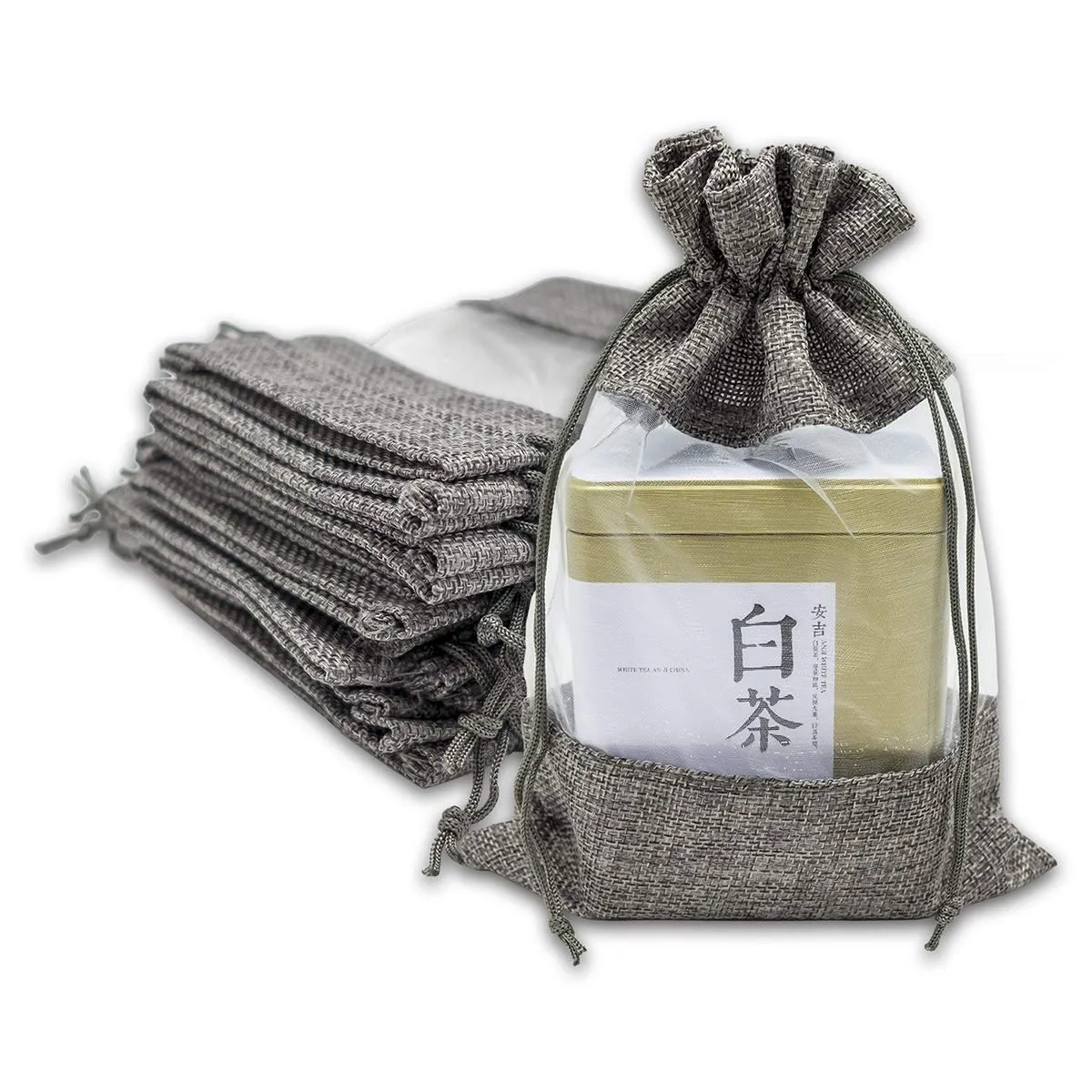 6 1/4" x 9" Linen Burlap and Sheer Organza Gray Gift Bag