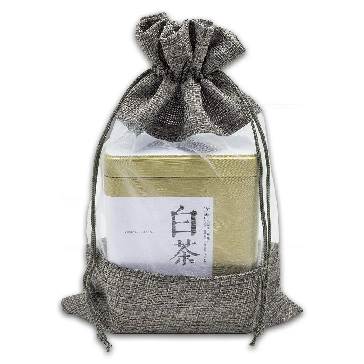 6 1/4" x 9" Linen Burlap and Sheer Organza Gray Gift Bag