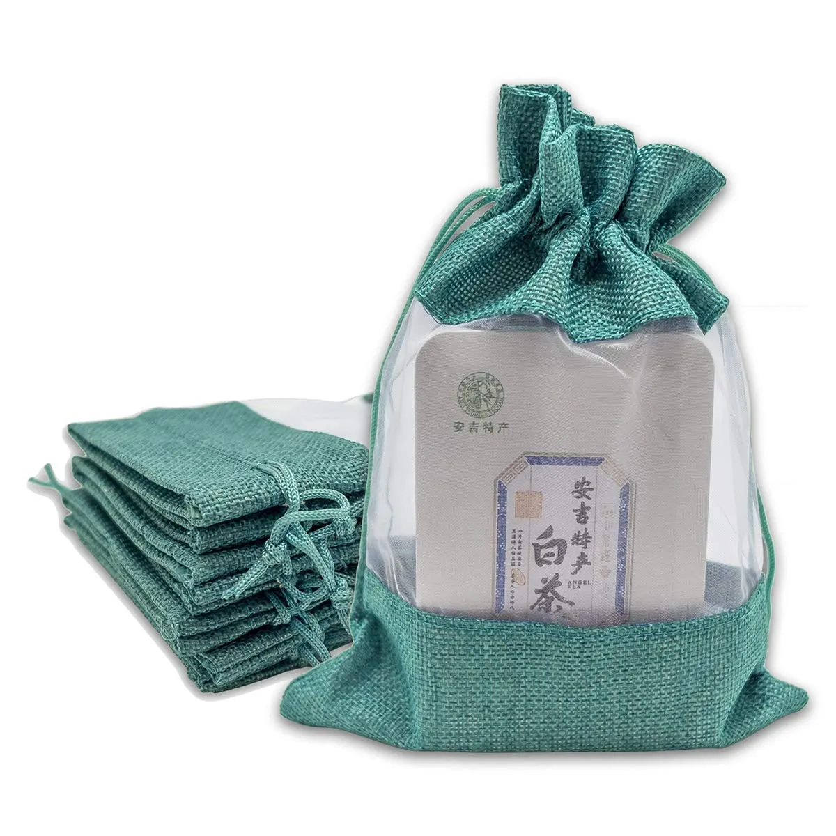 6 1/4" x 9" Linen Burlap and Sheer Organza Teal Blue Gift Bag