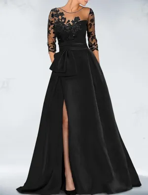 A-Line Elegant Wedding Guest Dress Court Train Jewel Neck 3/4 Sleeves Evening Gown with Beaded Appliques Slits Mother of the Bride Dresses