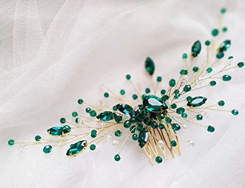 Aimimier Bridal Green Crystal Hair Comb Emerald Hair Vine Malachite Green Wedding Headpiece Prom Party Festival Hair Accessories for Women and Girls