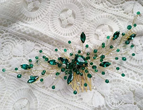 Aimimier Bridal Green Crystal Hair Comb Emerald Hair Vine Malachite Green Wedding Headpiece Prom Party Festival Hair Accessories for Women and Girls