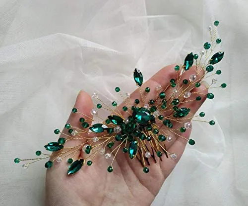 Aimimier Bridal Green Crystal Hair Comb Emerald Hair Vine Malachite Green Wedding Headpiece Prom Party Festival Hair Accessories for Women and Girls