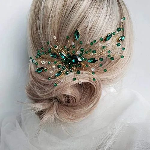 Aimimier Bridal Green Crystal Hair Comb Emerald Hair Vine Malachite Green Wedding Headpiece Prom Party Festival Hair Accessories for Women and Girls