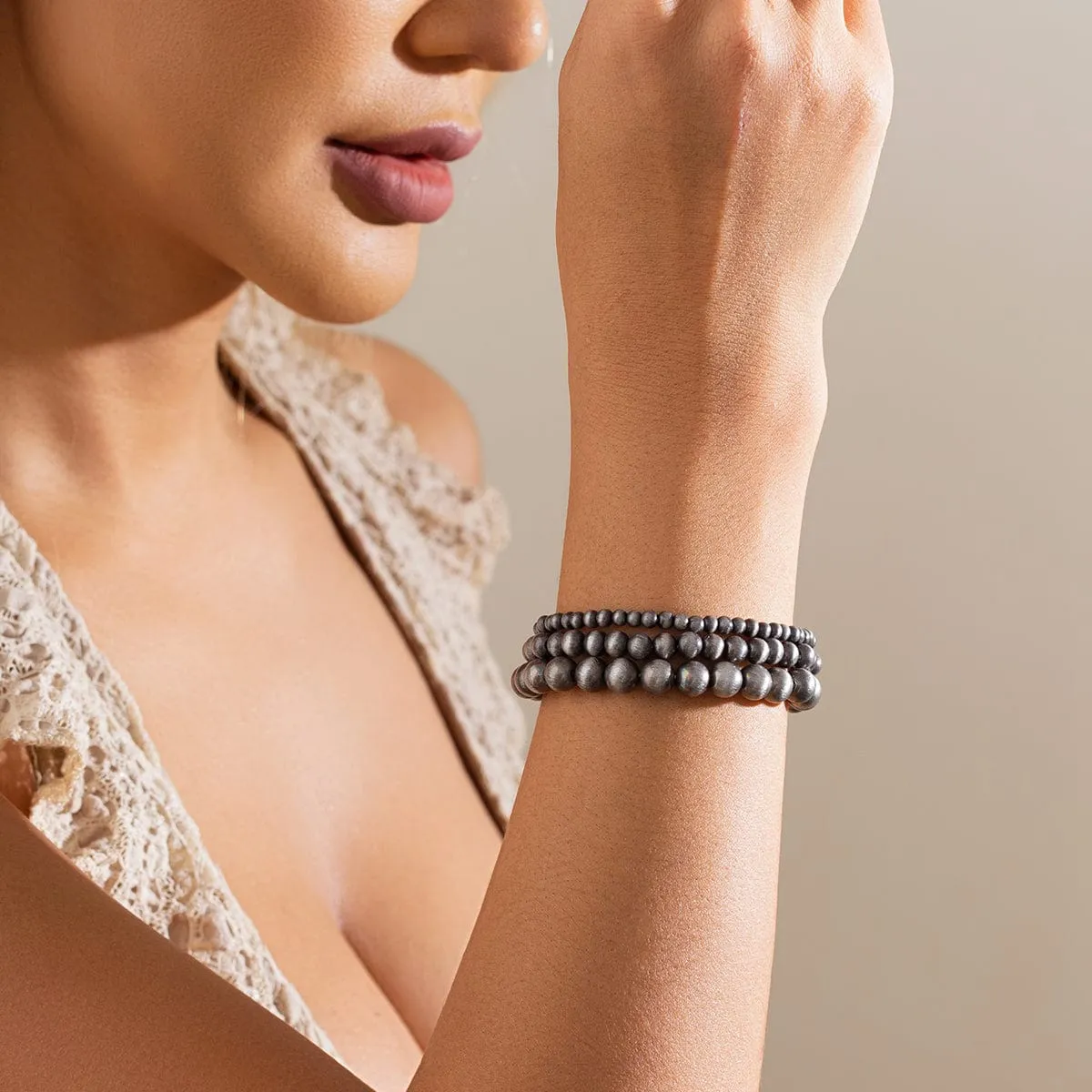 Antique Silver Tone Layered Beaded Bracelet Set