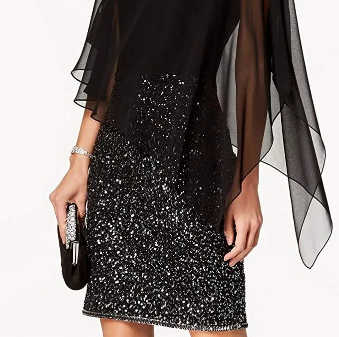 Aqua Mercury Women's Short Beaded Cocktail Dress with Cold Shoulder Caplet Sleeves - J Kara