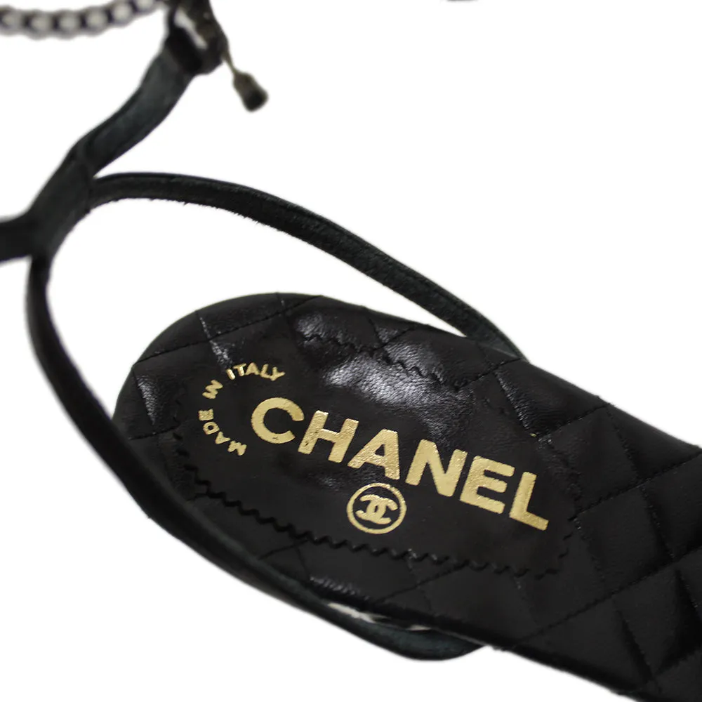 Authentic Chanel Black Leather Classic Cap Toe Heels Shoes with Chain Ankle Strap Size 38