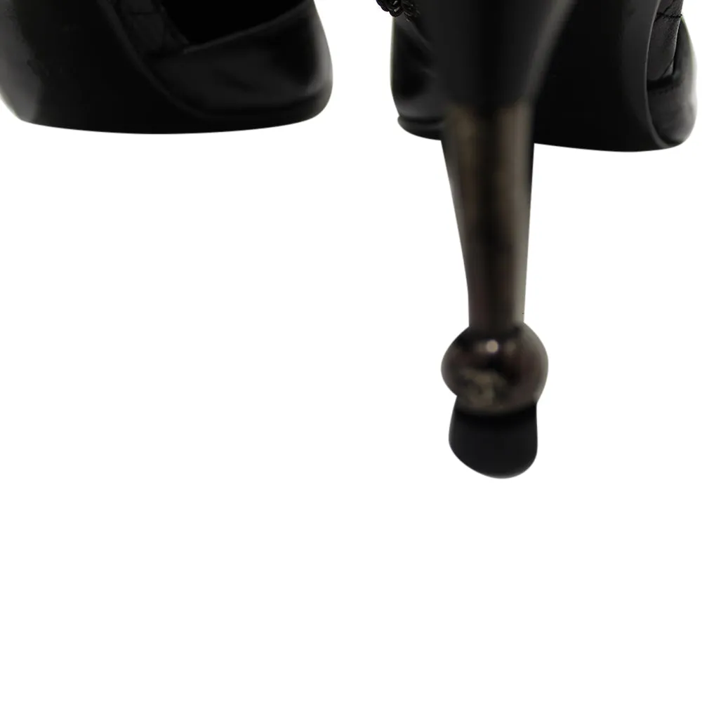 Authentic Chanel Black Leather Classic Cap Toe Heels Shoes with Chain Ankle Strap Size 38