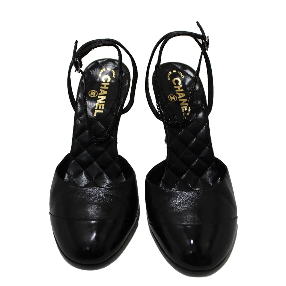 Authentic Chanel Black Leather Classic Cap Toe Heels Shoes with Chain Ankle Strap Size 38