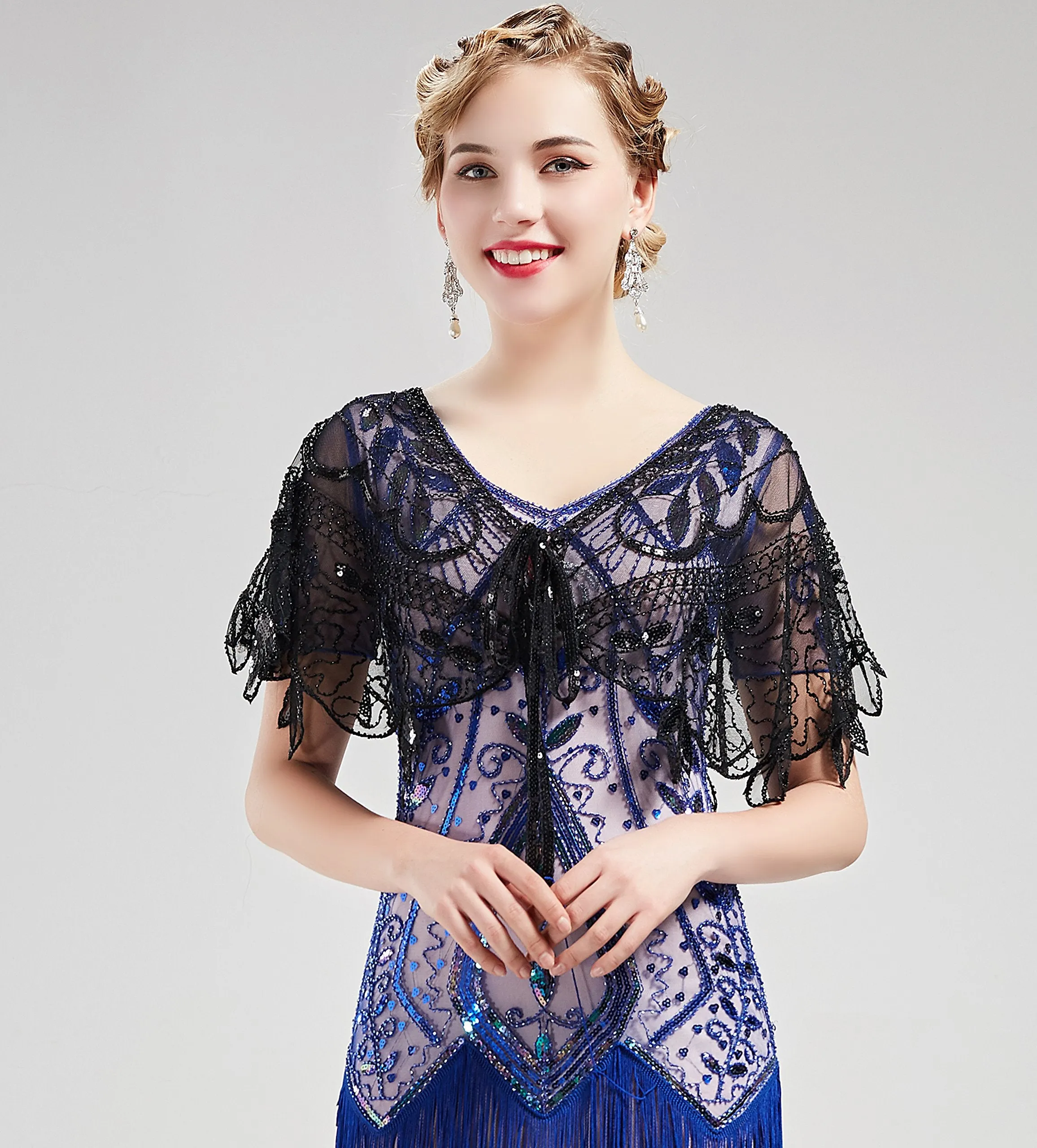 BABEYOND 1920s Shawl Wraps Sequin Beaded Evening Cape Bridal Shawl Bolero Flapper Cover Up Black
