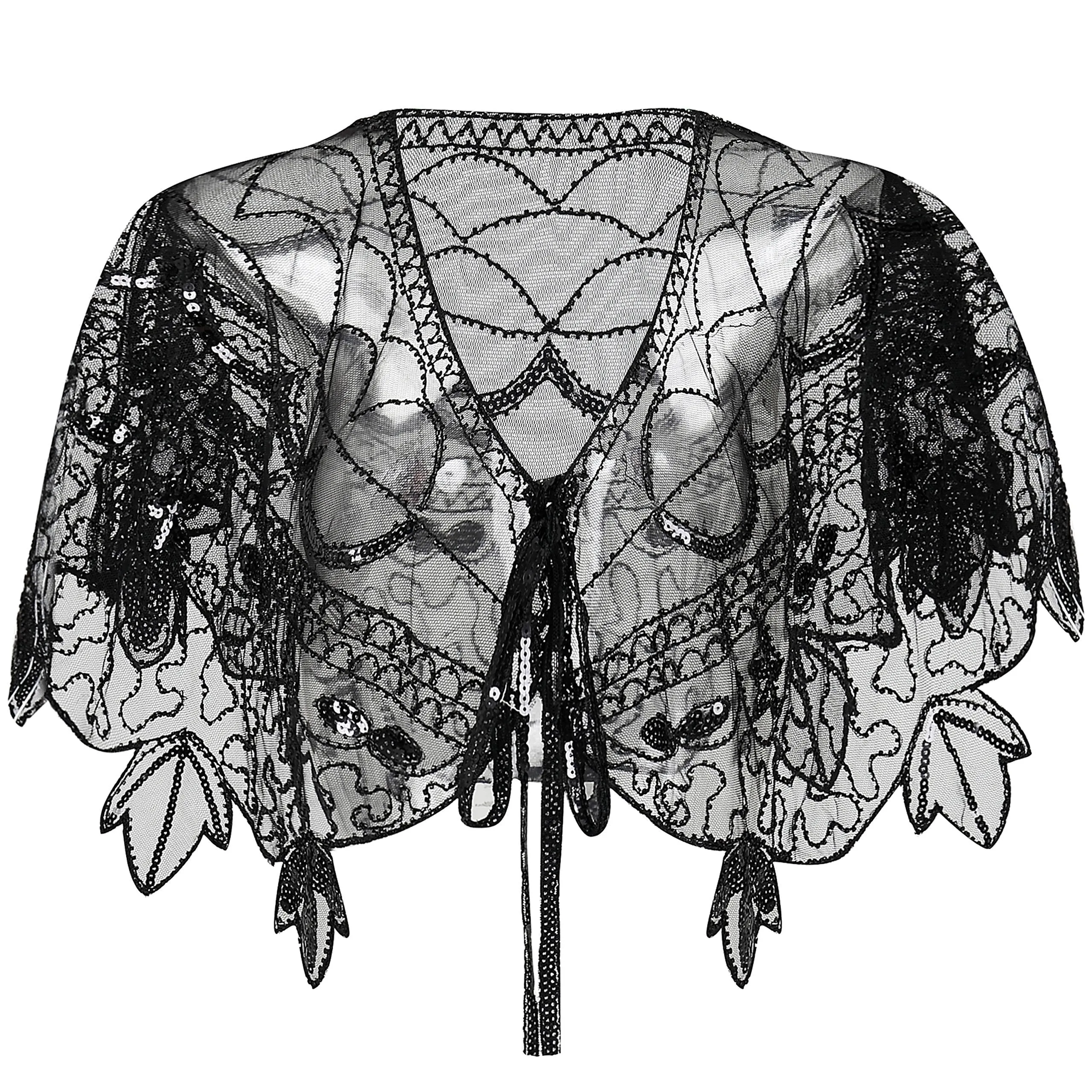 BABEYOND 1920s Shawl Wraps Sequin Beaded Evening Cape Bridal Shawl Bolero Flapper Cover Up Black