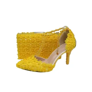 BAYA Women's Fashion Elegant Golden Yellow Flower Lace Design Wedding Shoes with Matching Handbag