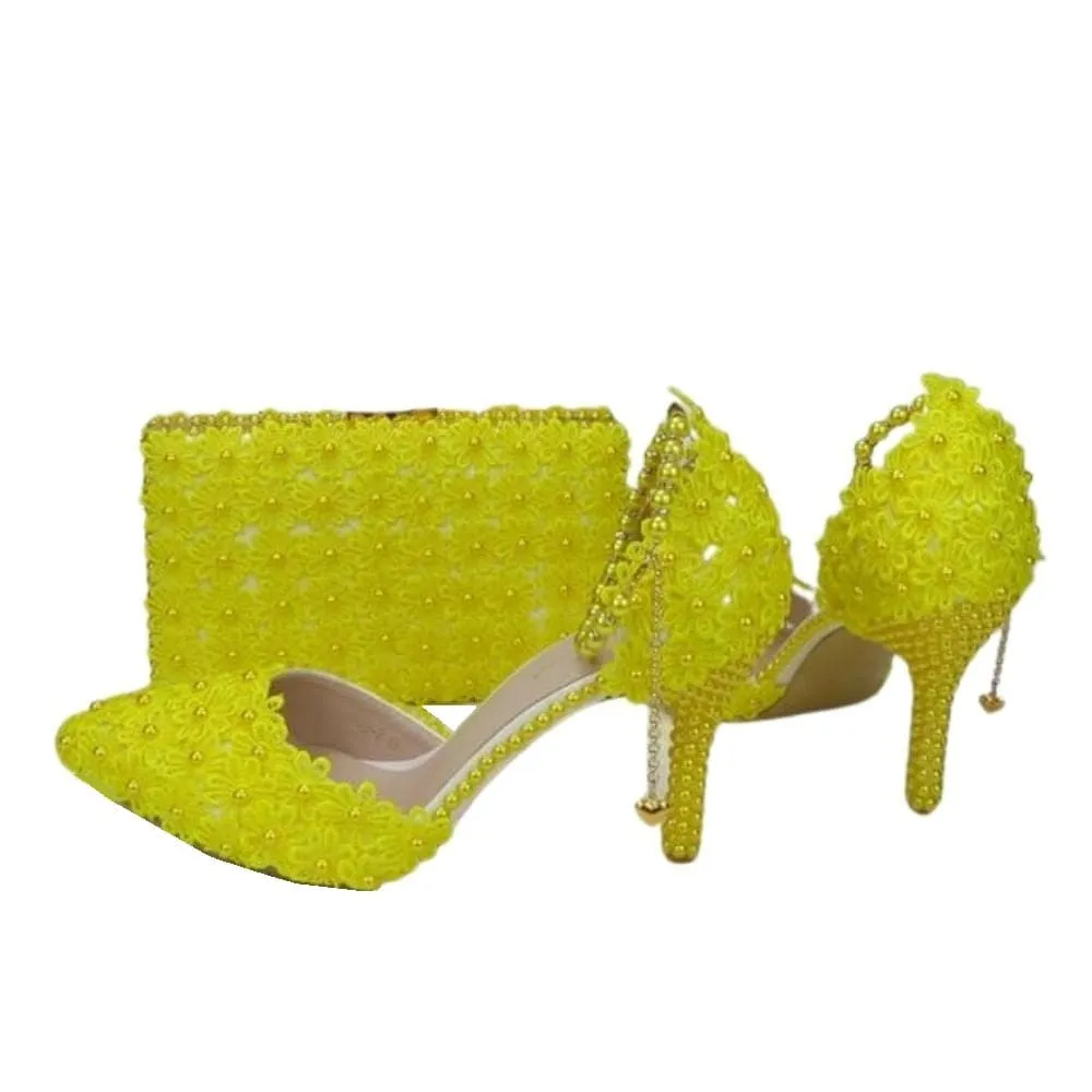 BAYA Women's Fashion Elegant Golden Yellow Flower Lace Design Wedding Shoes with Matching Handbag