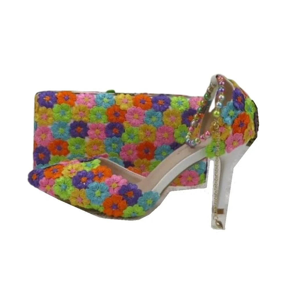 BAYA Women's Fashion Elegant Golden Yellow Flower Lace Design Wedding Shoes with Matching Handbag