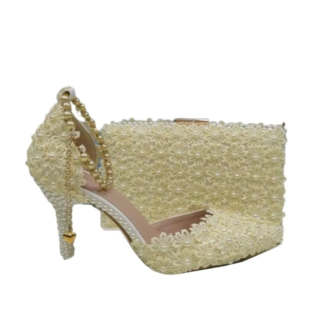 BAYA Women's Fashion Elegant Golden Yellow Flower Lace Design Wedding Shoes with Matching Handbag