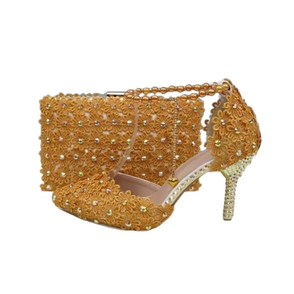 BAYA Women's Fashion Elegant Golden Yellow Flower Lace Design Wedding Shoes with Matching Handbag