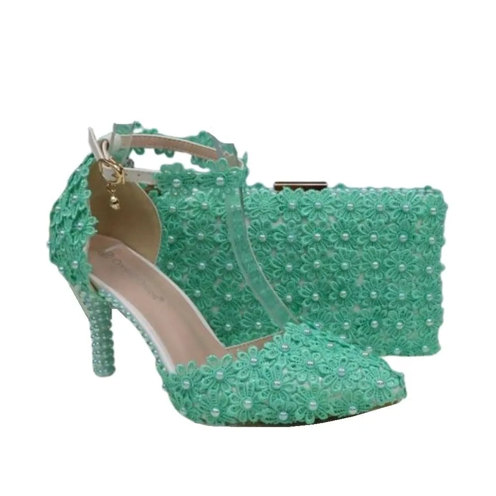 BAYA Women's Fashion Elegant Golden Yellow Flower Lace Design Wedding Shoes with Matching Handbag