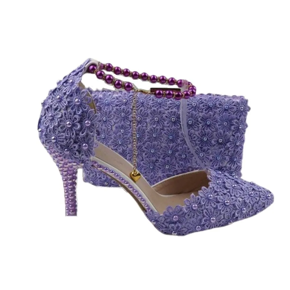 BAYA Women's Fashion Elegant Golden Yellow Flower Lace Design Wedding Shoes with Matching Handbag
