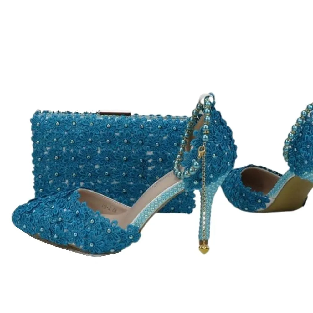 BAYA Women's Fashion Elegant Golden Yellow Flower Lace Design Wedding Shoes with Matching Handbag