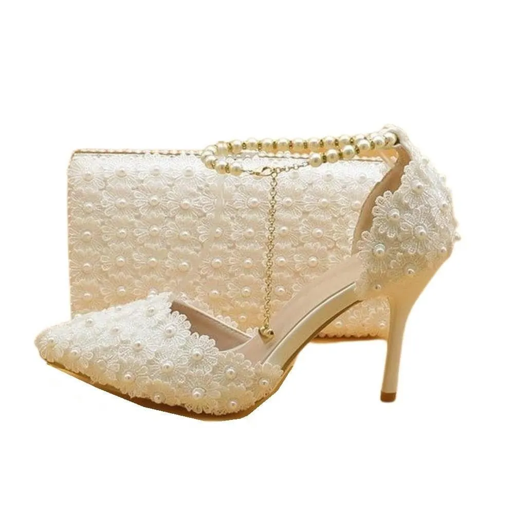 BAYA Women's Fashion Elegant Golden Yellow Flower Lace Design Wedding Shoes with Matching Handbag