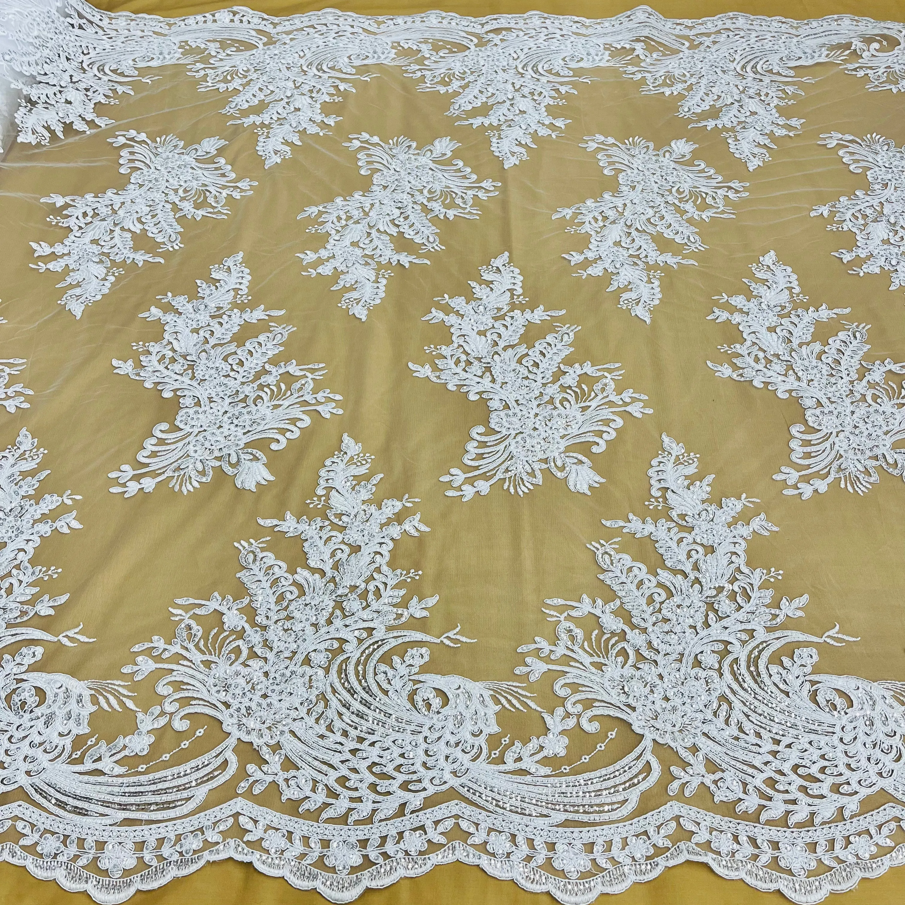 Beaded & Corded Bridal Lace Fabric Embroidered on 100% Polyester Net Mesh | Lace USA - 97141W-SB