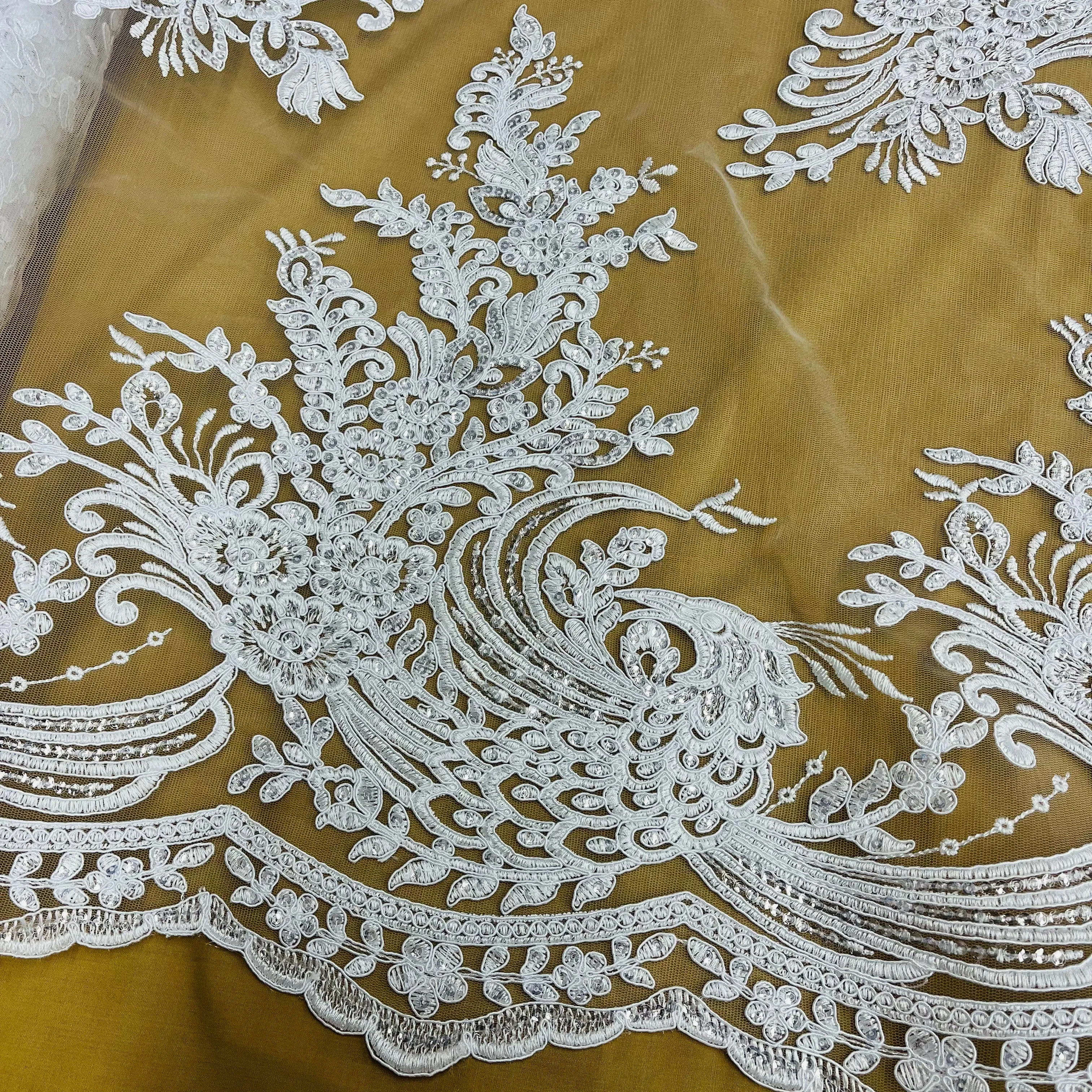 Beaded & Corded Bridal Lace Fabric Embroidered on 100% Polyester Net Mesh | Lace USA - 97141W-SB