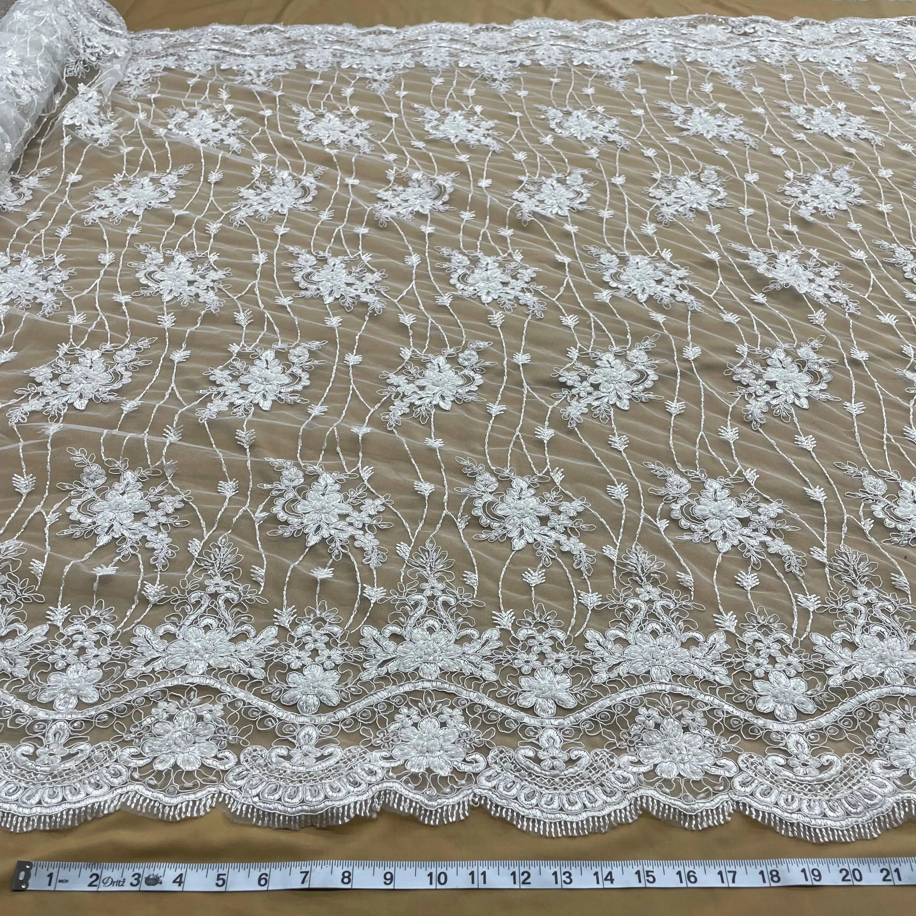 Beaded & Corded Bridal Lace Fabric Embroidered on 100% Polyester Net Mesh | Lace USA - GD-1815