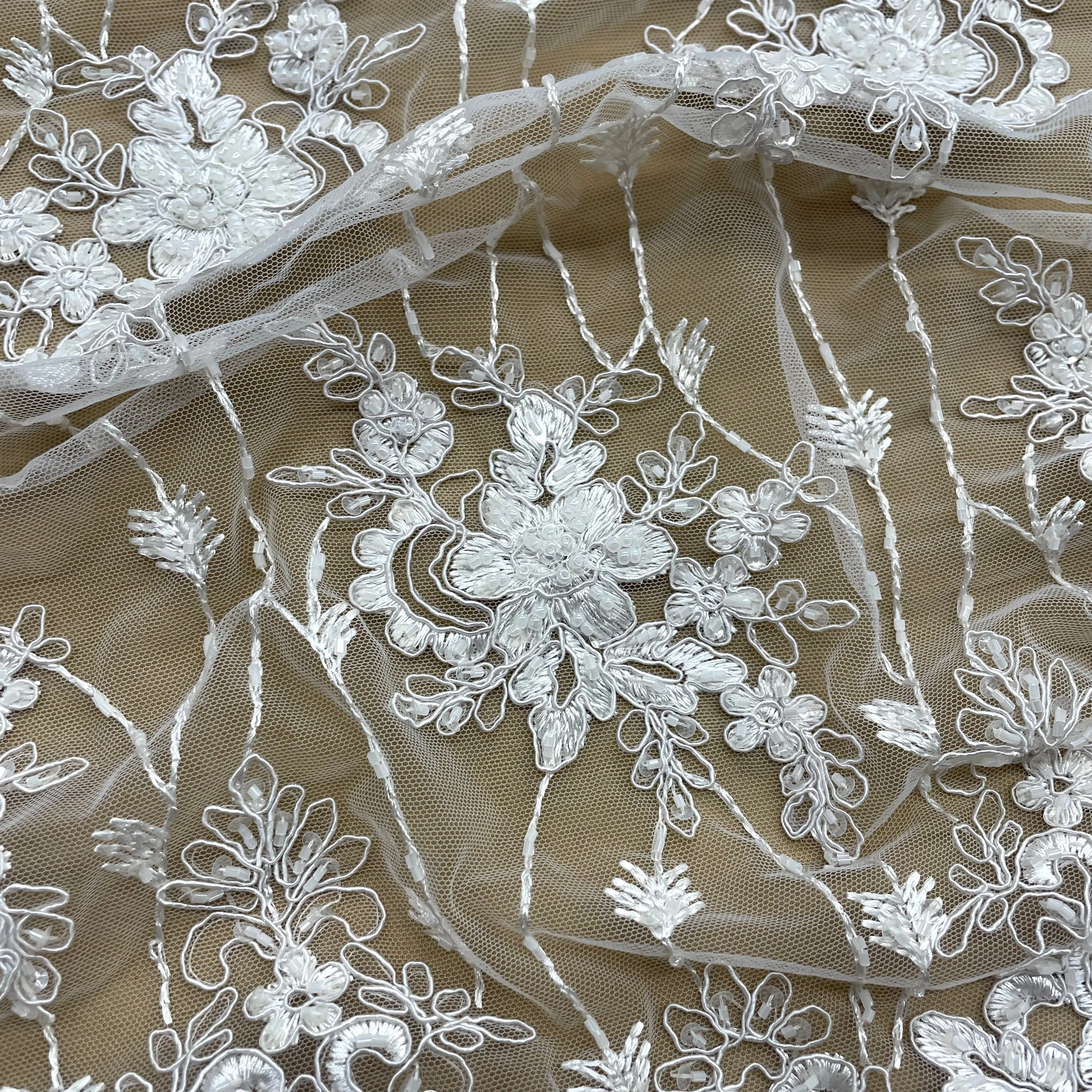 Beaded & Corded Bridal Lace Fabric Embroidered on 100% Polyester Net Mesh | Lace USA - GD-1815
