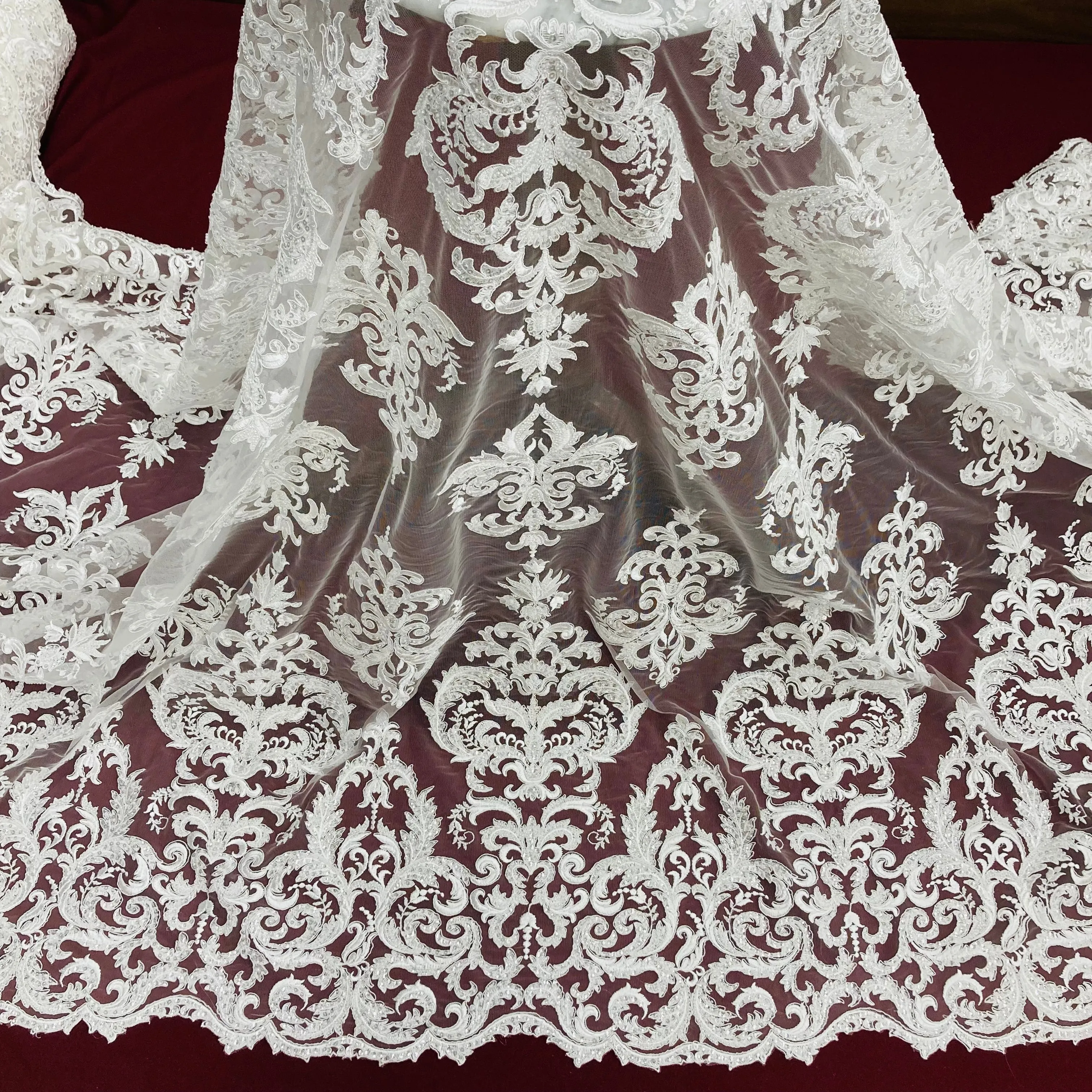 Beaded & Corded Lace Fabric Embroidered on 100% Polyester Net Mesh | Lace USA - GD-59828