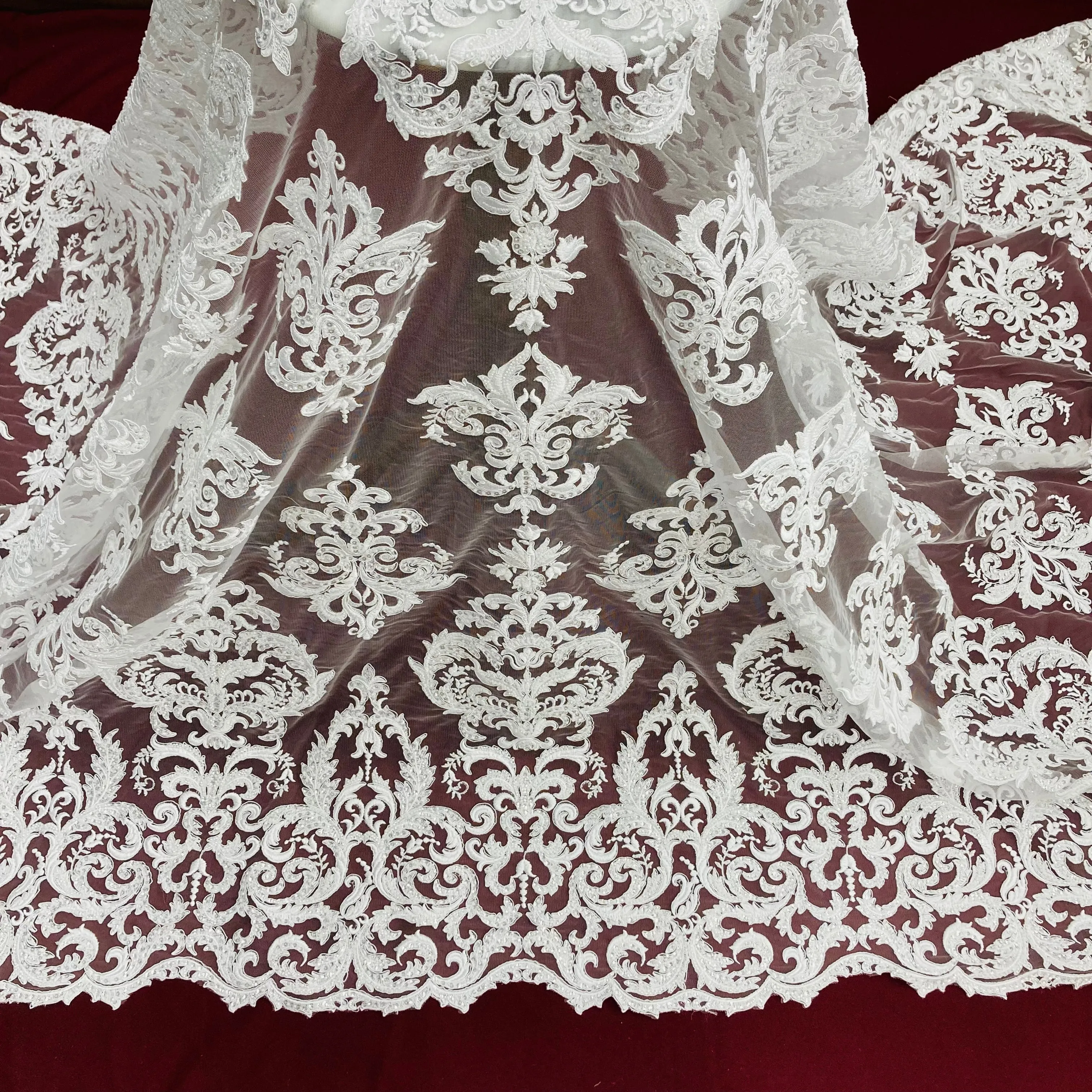 Beaded & Corded Lace Fabric Embroidered on 100% Polyester Net Mesh | Lace USA - GD-59828