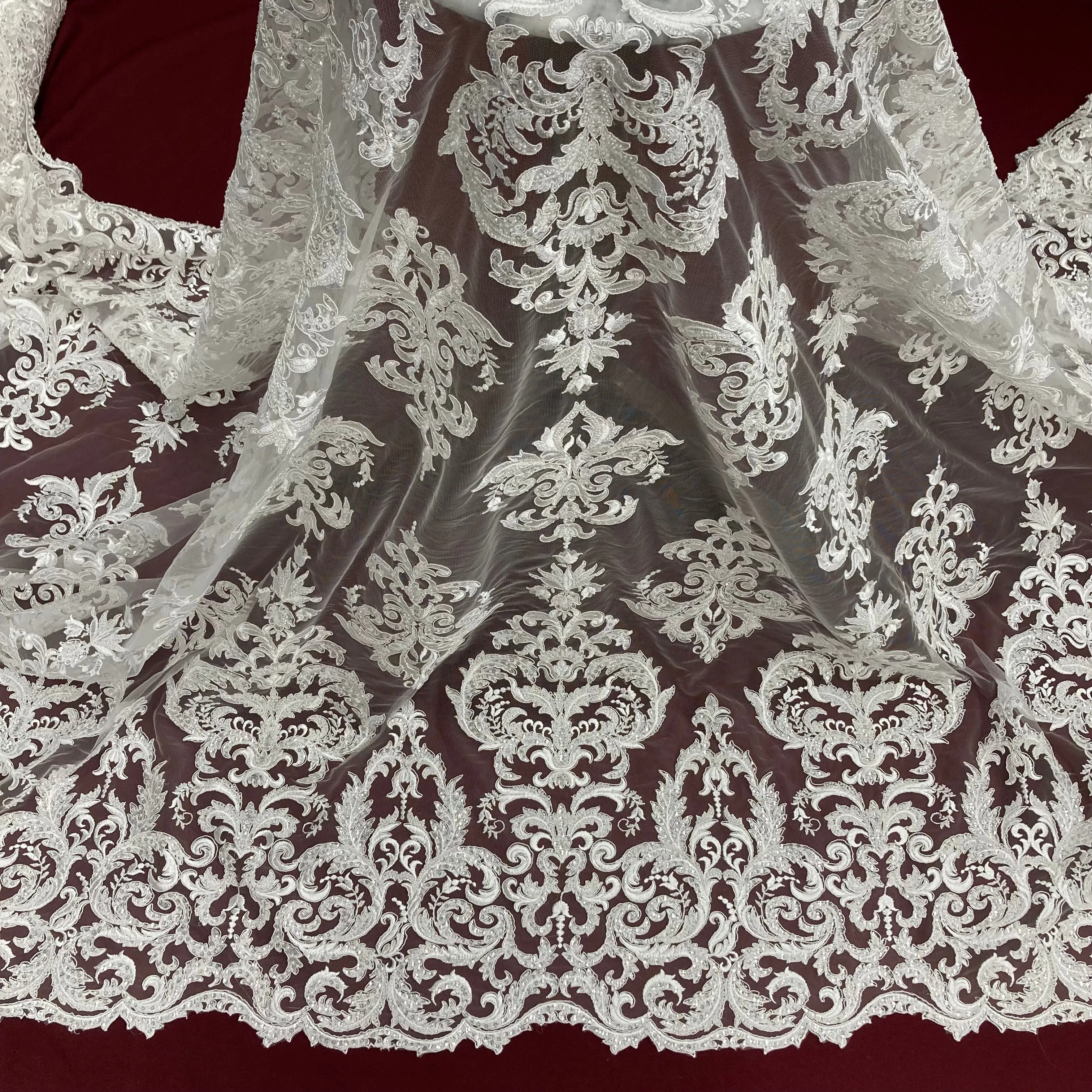 Beaded & Corded Lace Fabric Embroidered on 100% Polyester Net Mesh | Lace USA - GD-59828