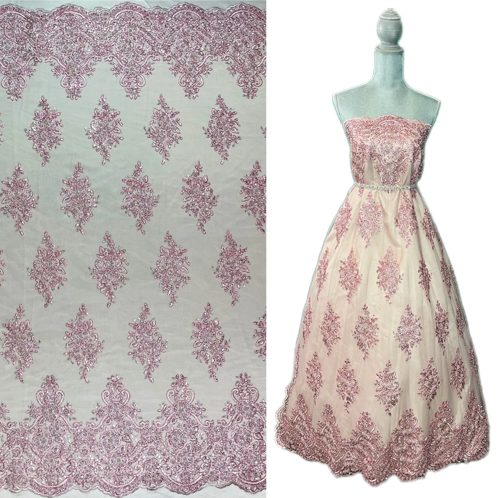 Beaded Corded Lace Fabric With Scallops Embroidered on 100% Poly Metallic | Lace USA - GD-1245