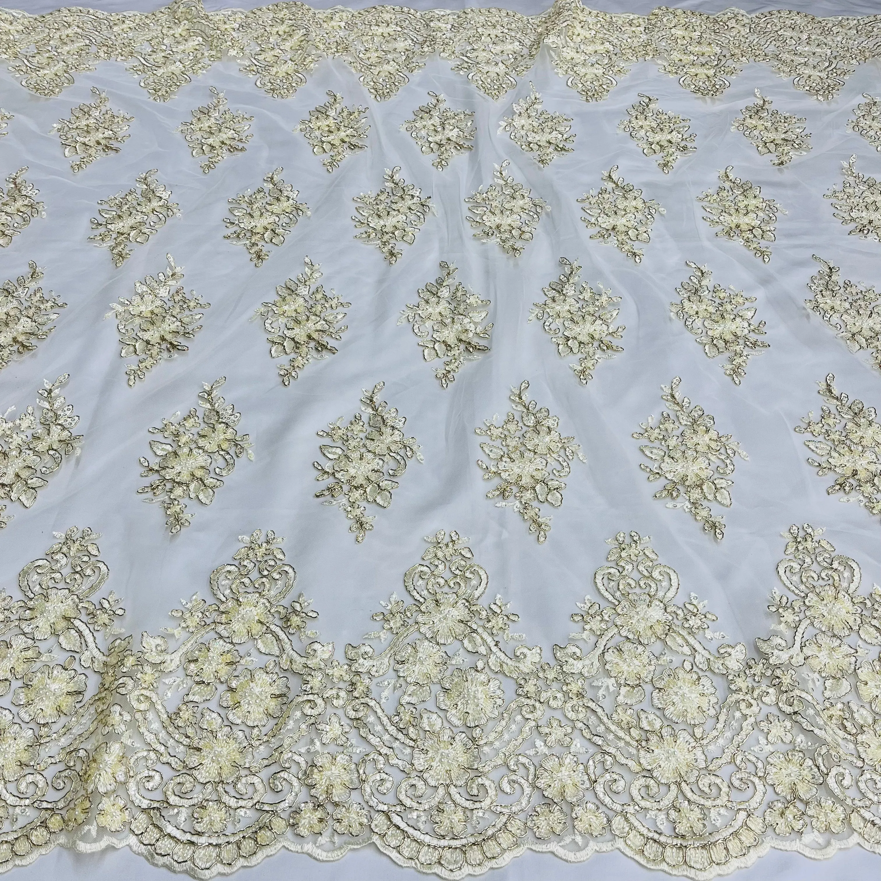 Beaded Corded Lace Fabric With Scallops Embroidered on 100% Poly Metallic | Lace USA - GD-1245
