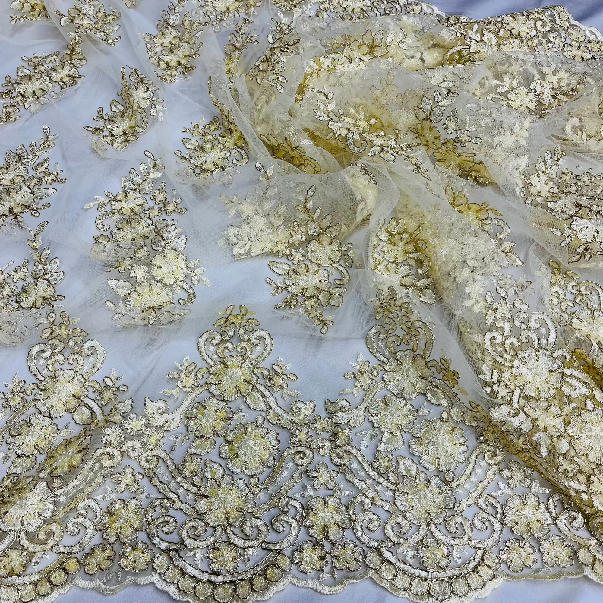 Beaded Corded Lace Fabric With Scallops Embroidered on 100% Poly Metallic | Lace USA - GD-1245