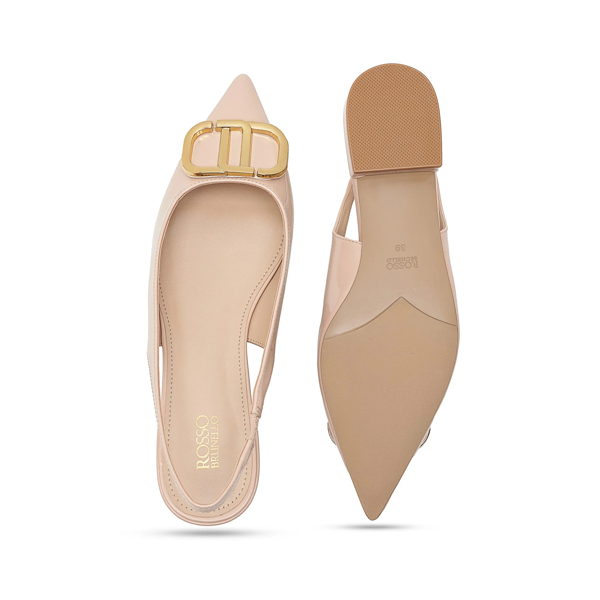 Beige Slingback Pumps With Gold Embellishment