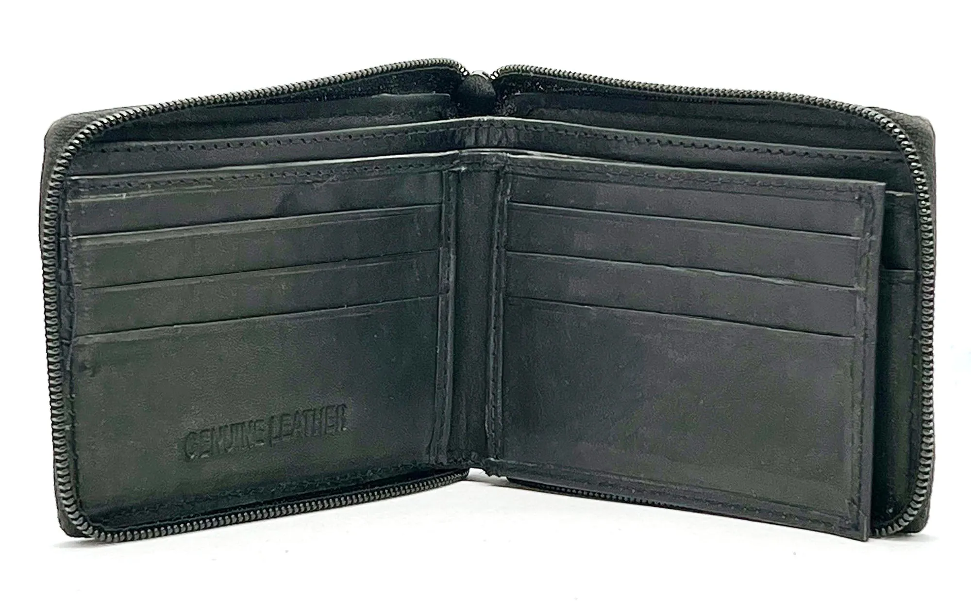Black Genuine Leather Mens Bifold Wallet Card Coin Holder Plastic Sleeve Inserts ID Zip Around