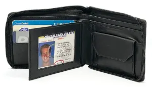 Black Genuine Leather Mens Bifold Wallet Card Coin Holder Plastic Sleeve Inserts ID Zip Around