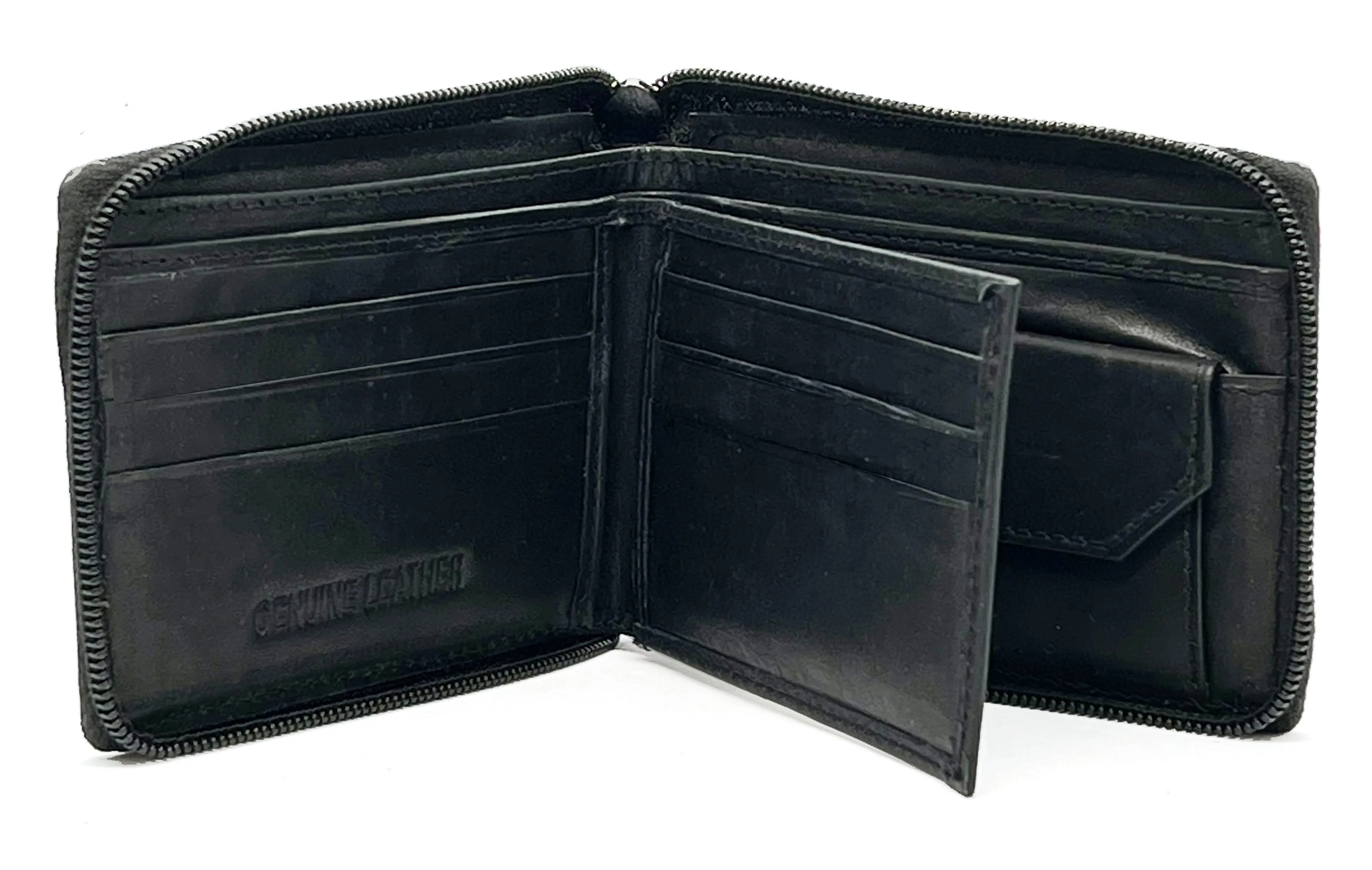 Black Genuine Leather Mens Bifold Wallet Card Coin Holder Plastic Sleeve Inserts ID Zip Around