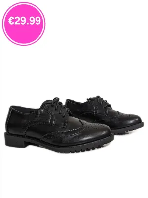 Black PU Brogue Lace Up Flat Shoes