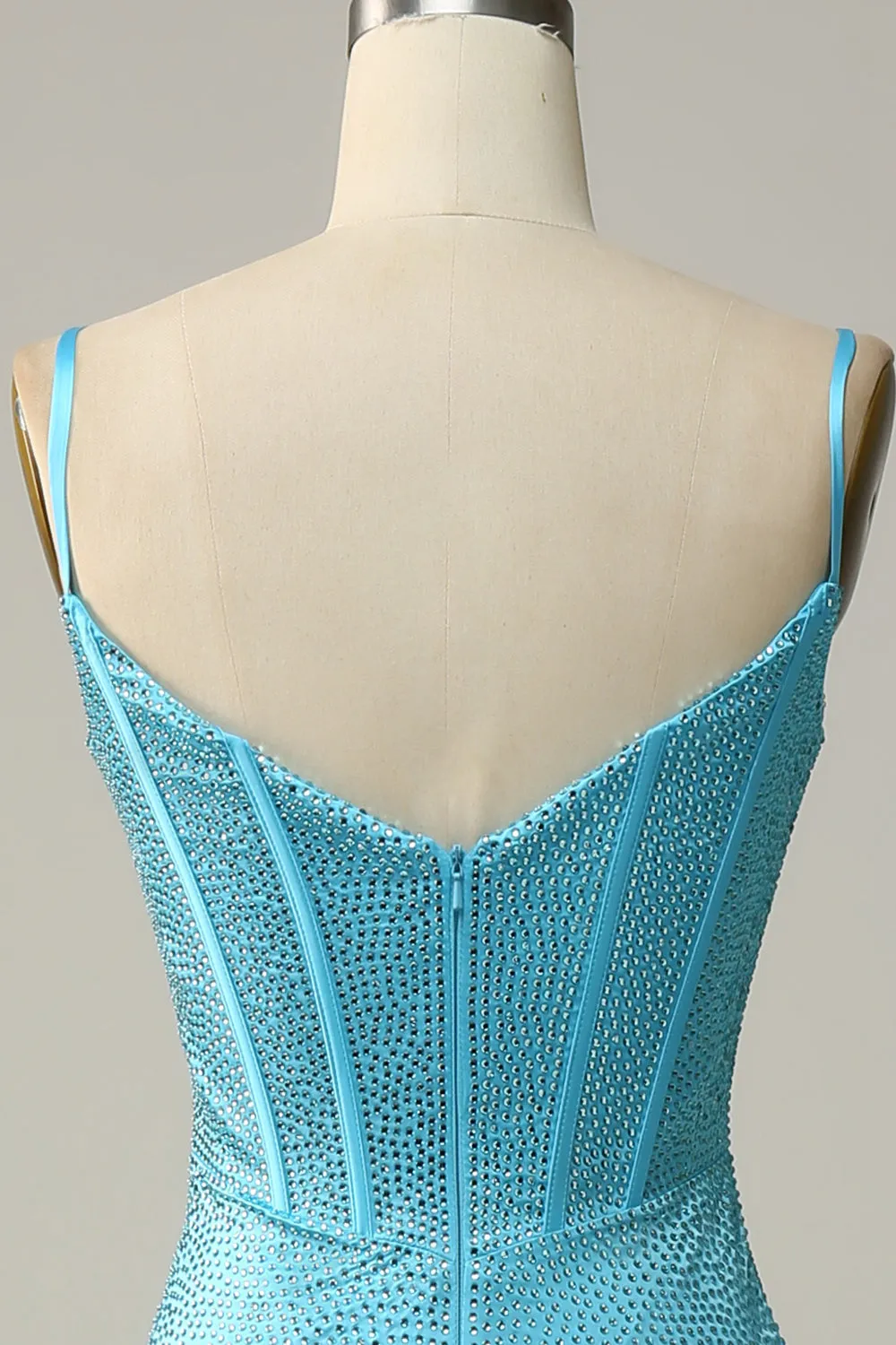 Blue Mermaid Spaghetti Straps Beaded Prom Dress