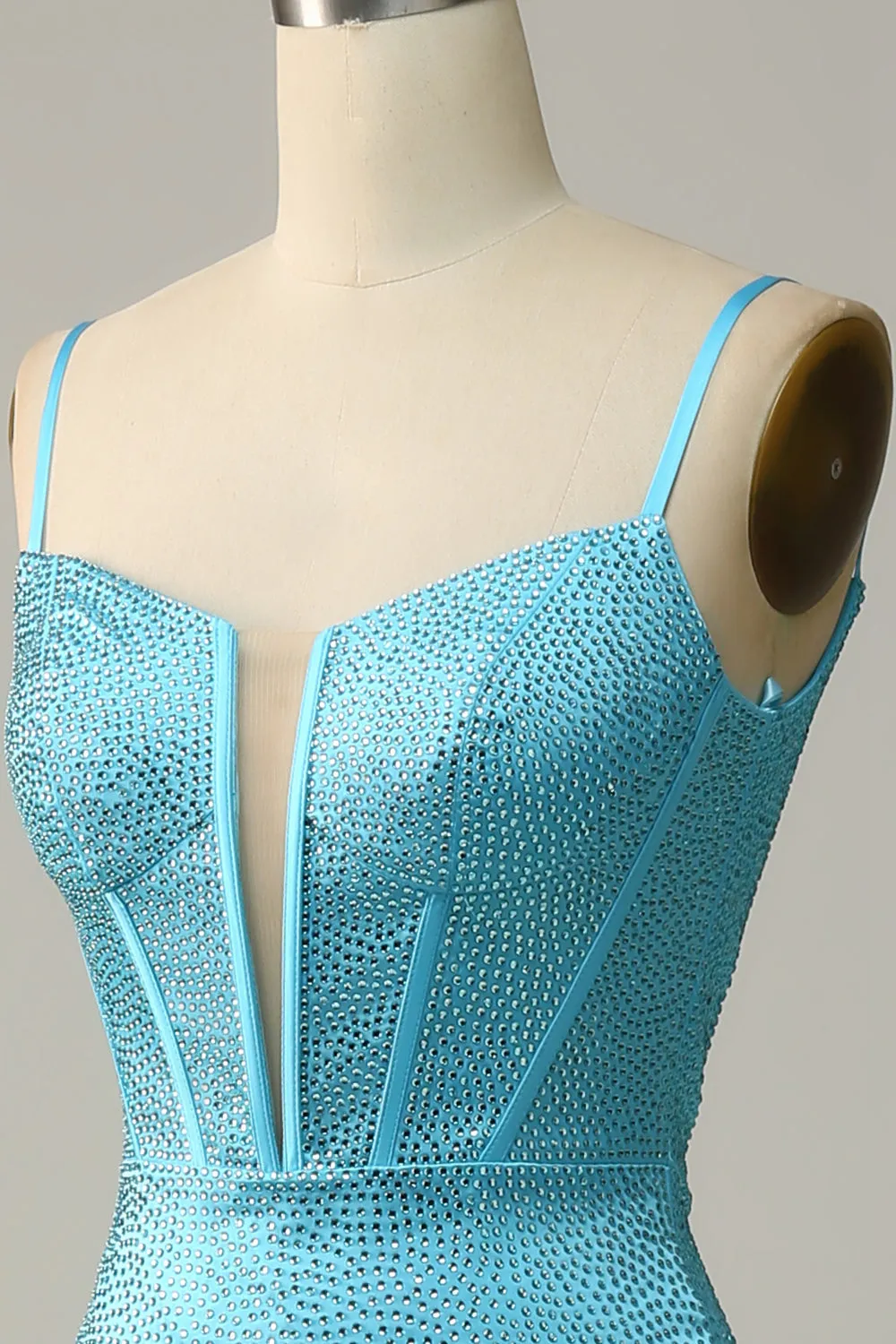 Blue Mermaid Spaghetti Straps Beaded Prom Dress
