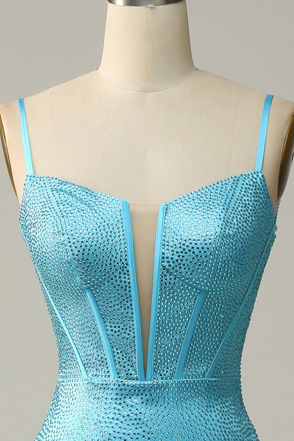 Blue Mermaid Spaghetti Straps Beaded Prom Dress