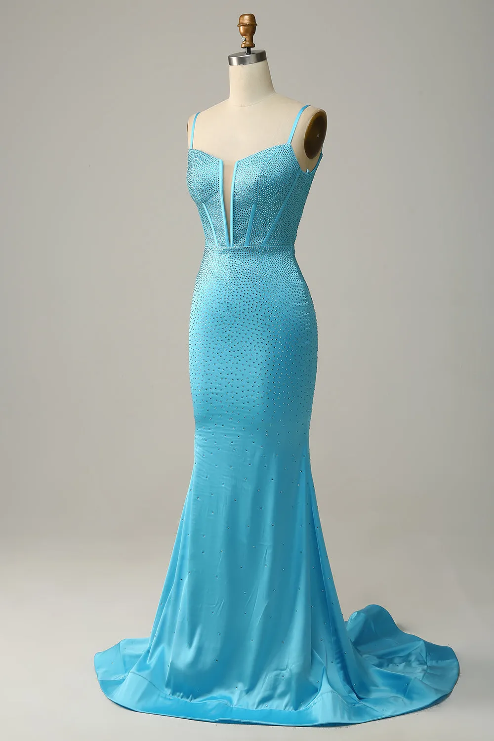 Blue Mermaid Spaghetti Straps Beaded Prom Dress