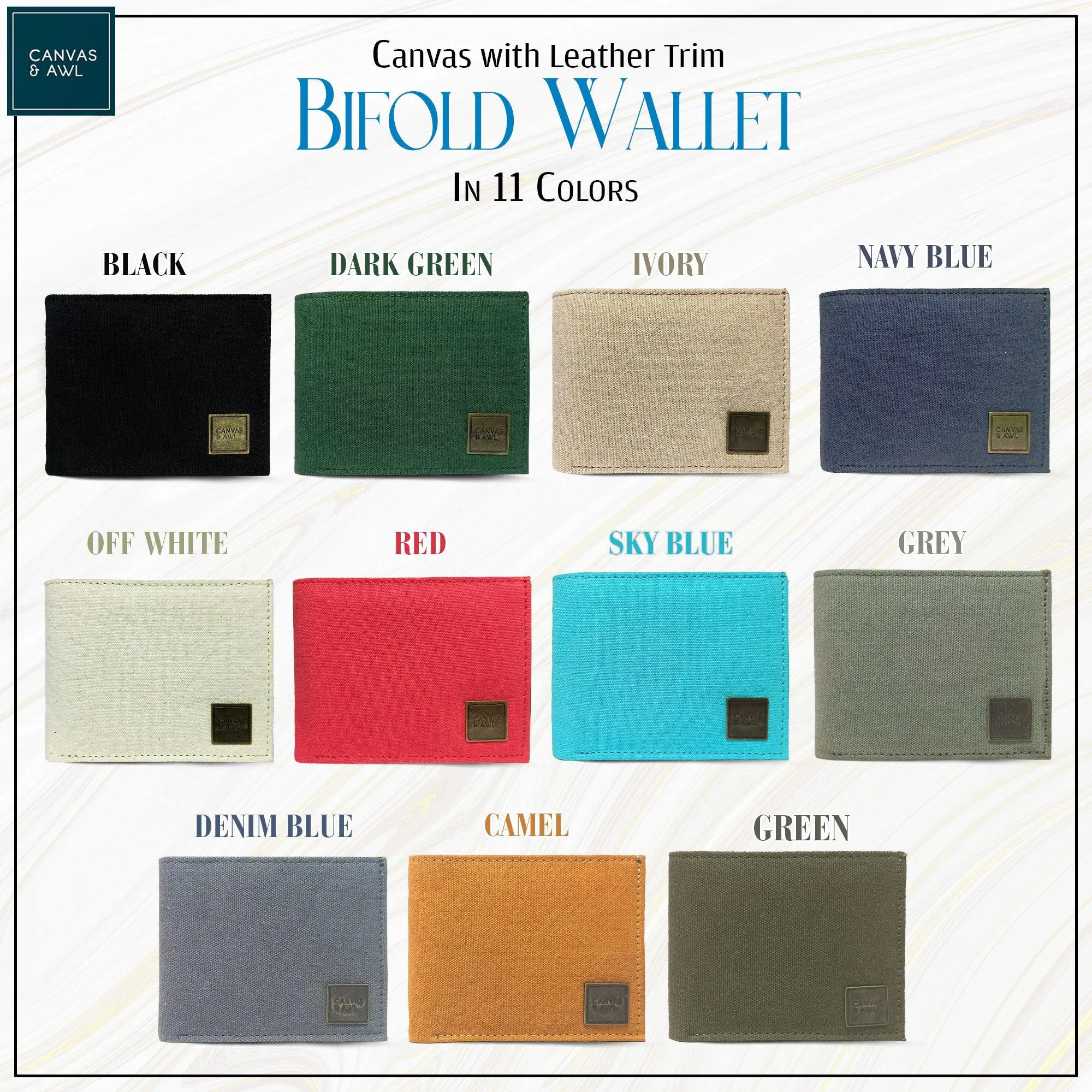 CANVAS & AWL Canvas with Leather Trim Slim Bifold RFID Blocking Men's Wallet (Navy Blue)