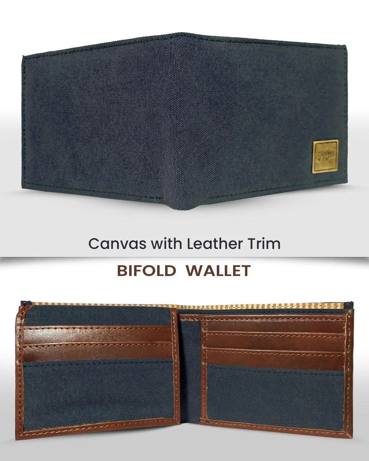 CANVAS & AWL Canvas with Leather Trim Slim Bifold RFID Blocking Men's Wallet (Navy Blue)