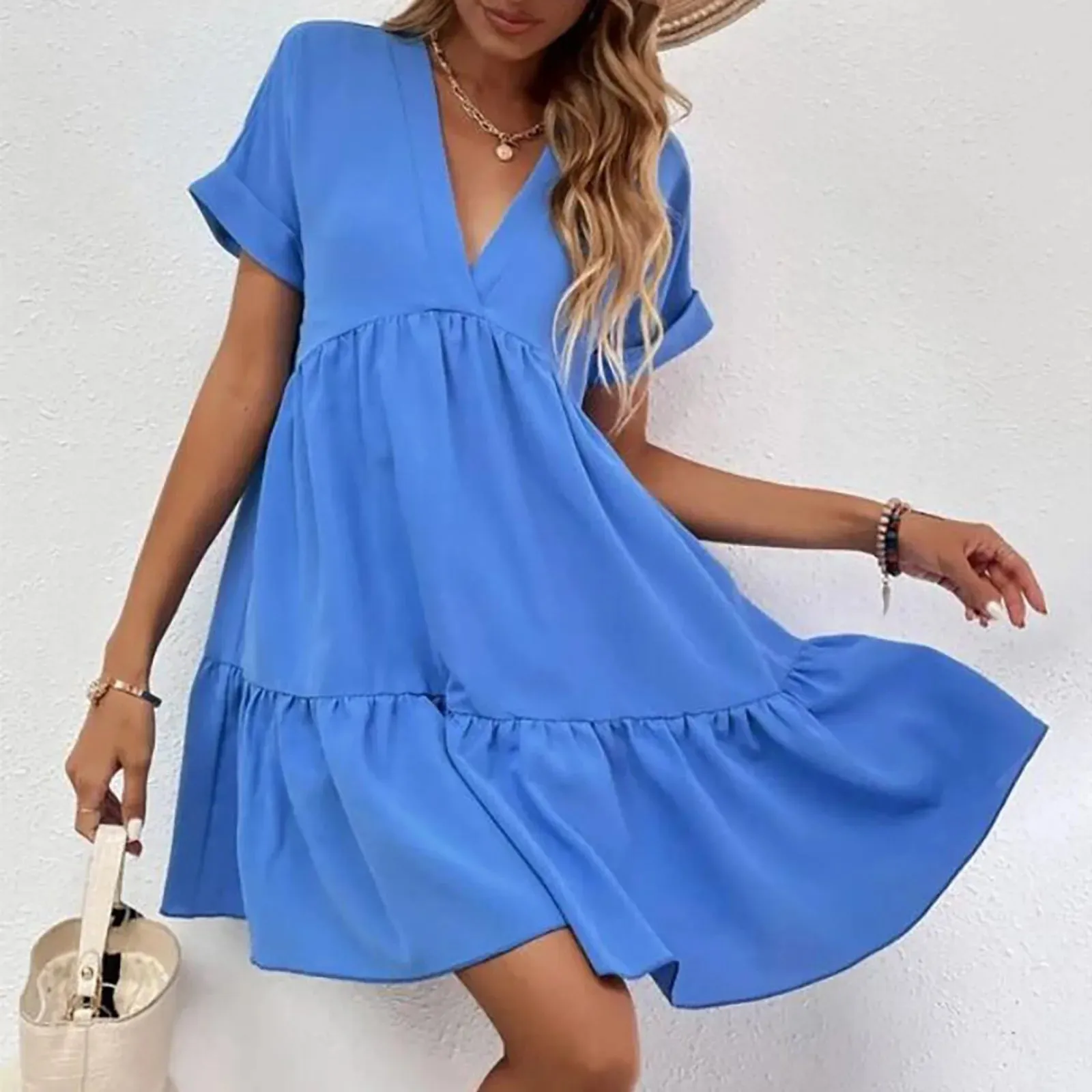 Casual Women Short Sleeve Mini Dress 2023 Spring Summer V-neck Loose Dresses Cute Solid Big Hem Beach Dress Robe De Plage